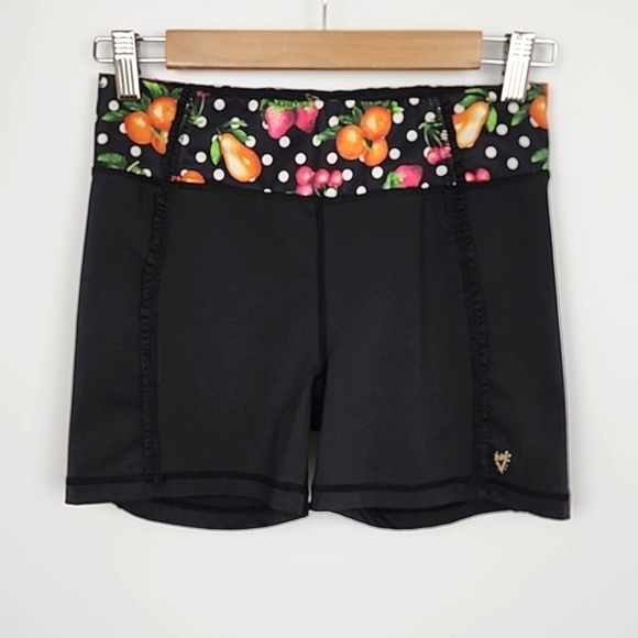 Betsey Johnson Performance Multi Coloured Fruit Print Black Athletic Shorts Sz S - Picture 1 of 12